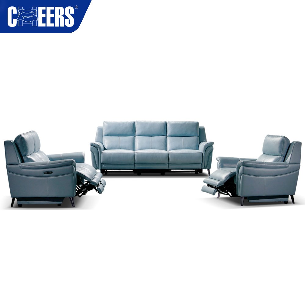 MANWAH CHEERS Latest Design Modern Blue Three Seats Real Leather Modular Durable Power Recliner Couch Sofa With Metal Legs