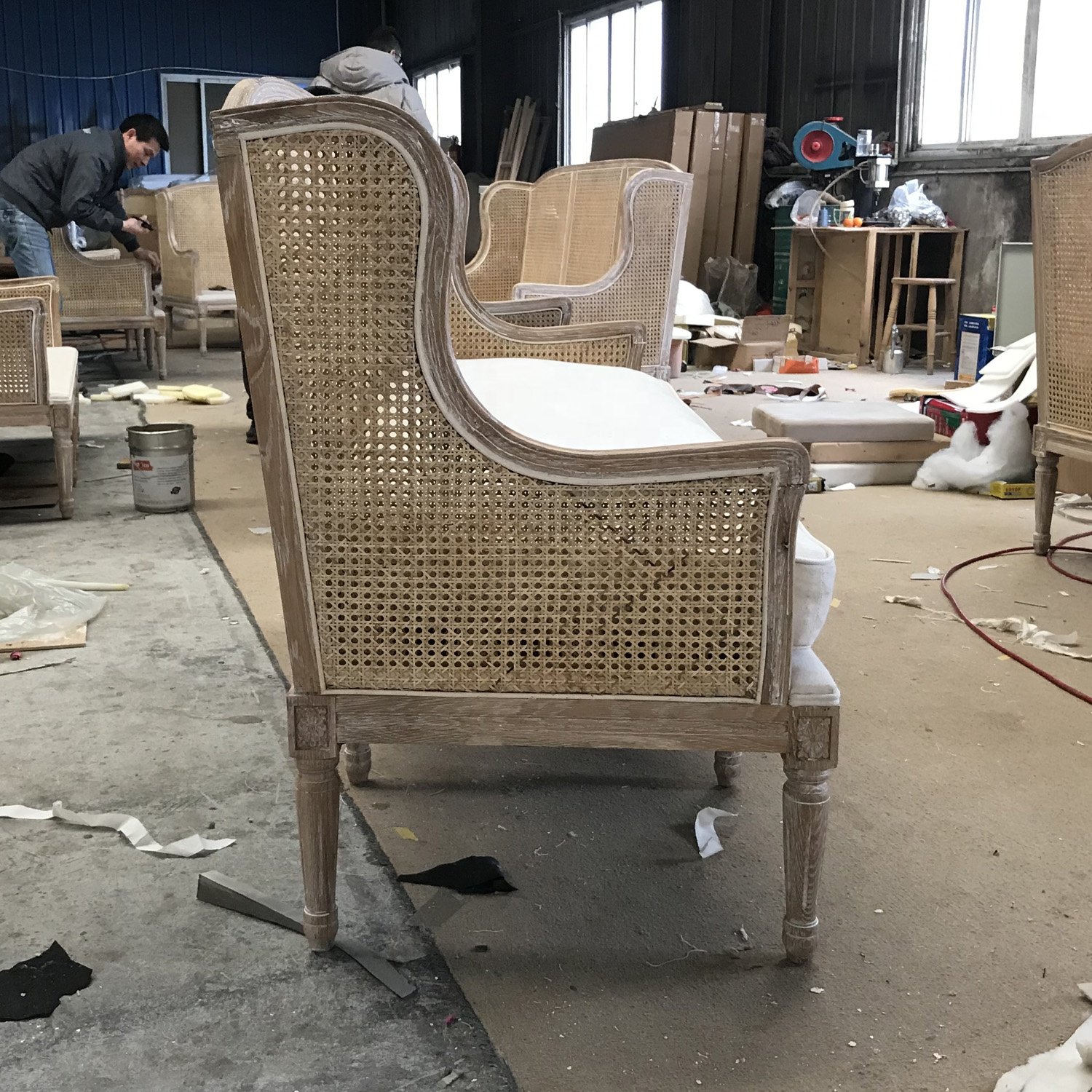 MRS WOODS Luxury French Chairs Style Wooden Rattan Back Linen Fabric Furniture Classic Antique Cane Sofa Arm Chair Living Room