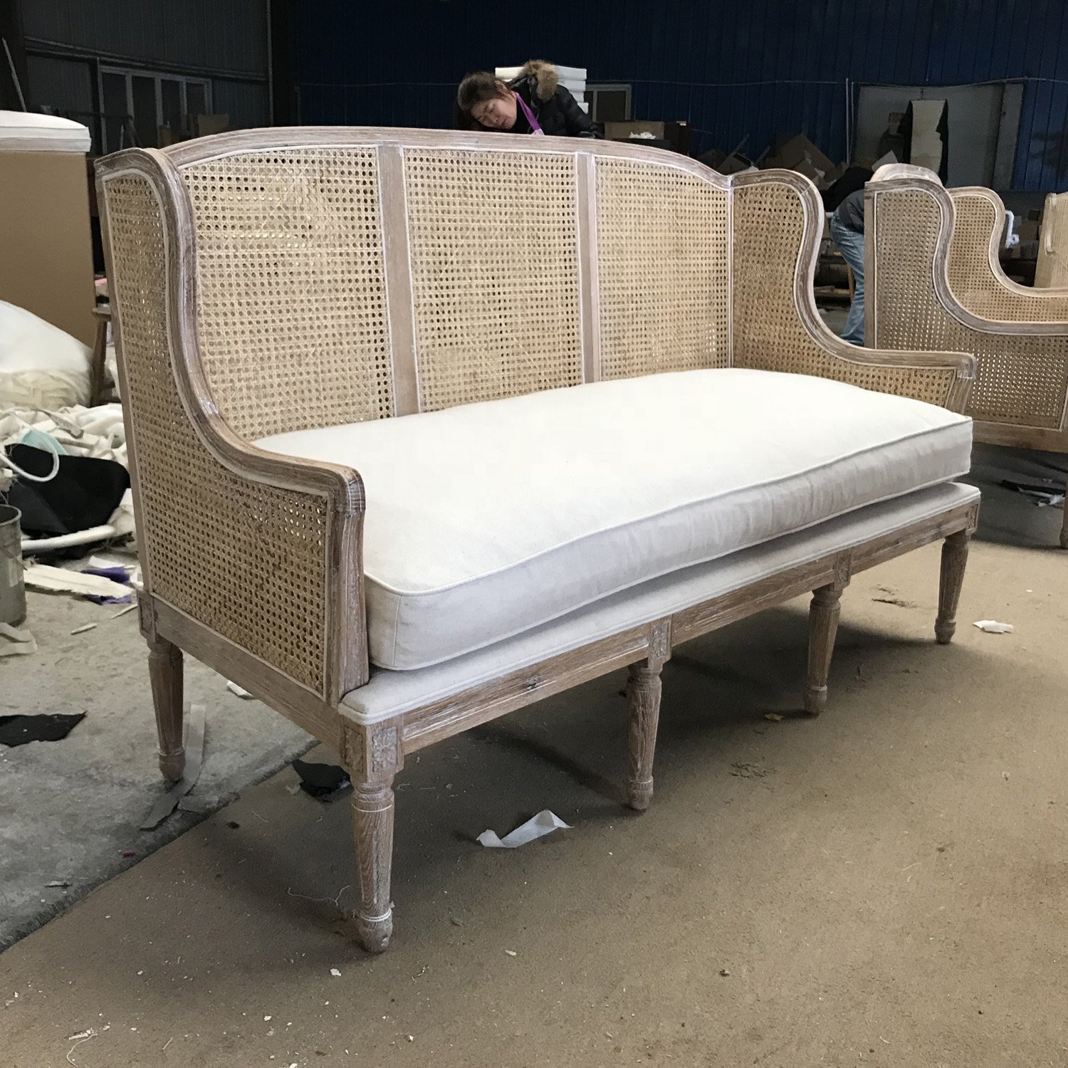 MRS WOODS Luxury French Chairs Style Wooden Rattan Back Linen Fabric Furniture Classic Antique Cane Sofa Arm Chair Living Room