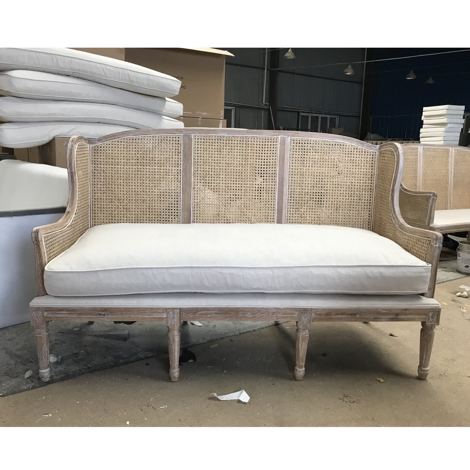MRS WOODS Luxury French Chairs Style Wooden Rattan Back Linen Fabric Furniture Classic Antique Cane Sofa Arm Chair Living Room