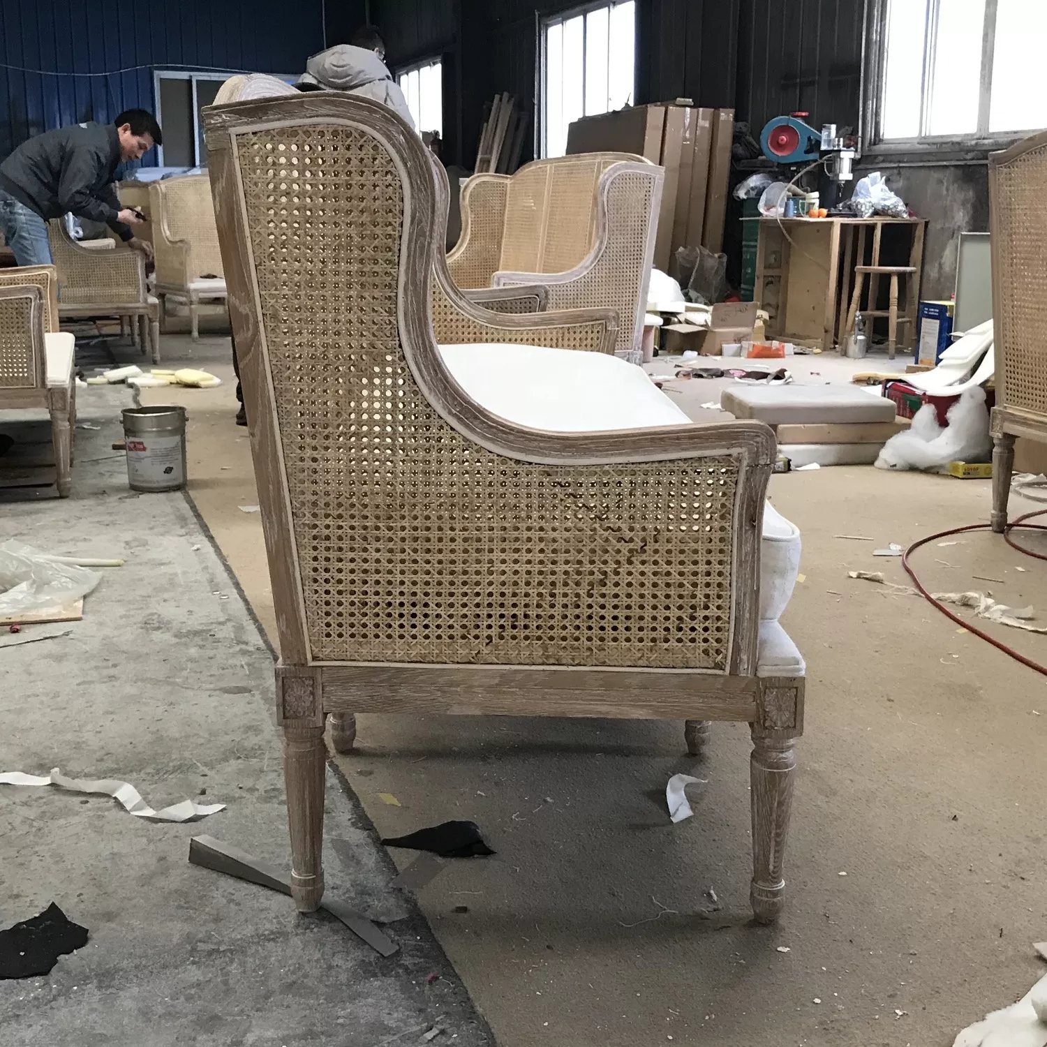 MRS WOODS Luxury French Chairs Style Wooden Rattan Back Linen Fabric Furniture Classic Antique Cane Sofa Arm Chair Living Room