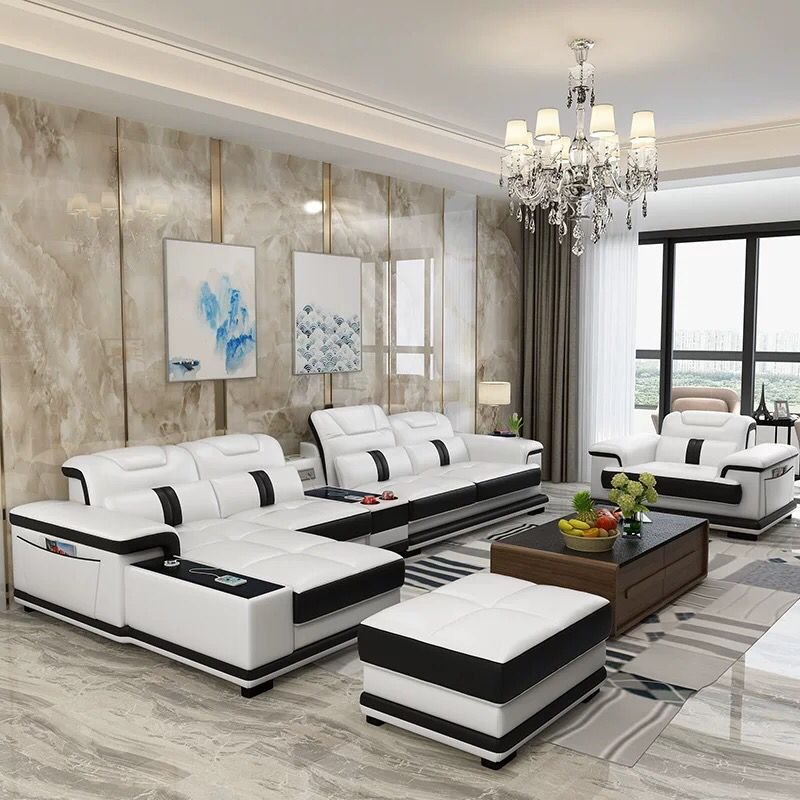 L Shaped Modern Sectional Black and White MIcrofiber fabric Functional Living Room Sofas Set with Speaker for Home