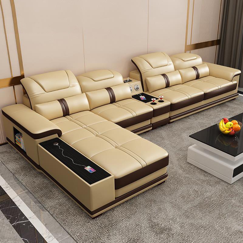 L Shaped Modern Sectional Black and White MIcrofiber fabric Functional Living Room Sofas Set with Speaker for Home