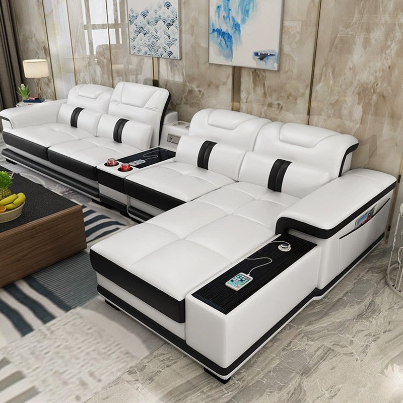 L Shaped Modern Sectional Black and White MIcrofiber fabric Functional Living Room Sofas Set with Speaker for Home