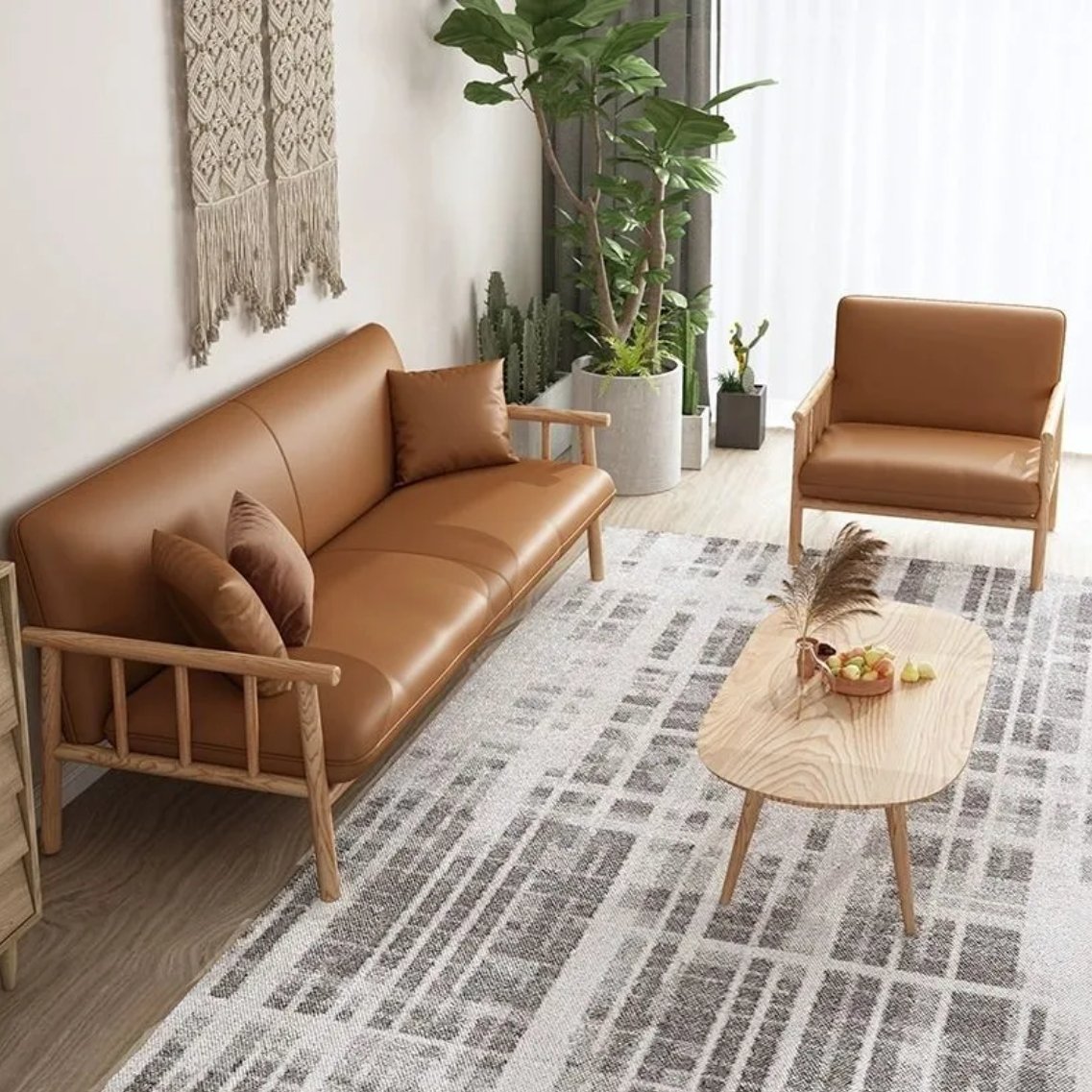 Japanese style solid wood sofa small apartment modern simple solid wood three double straight row living room leather sofa