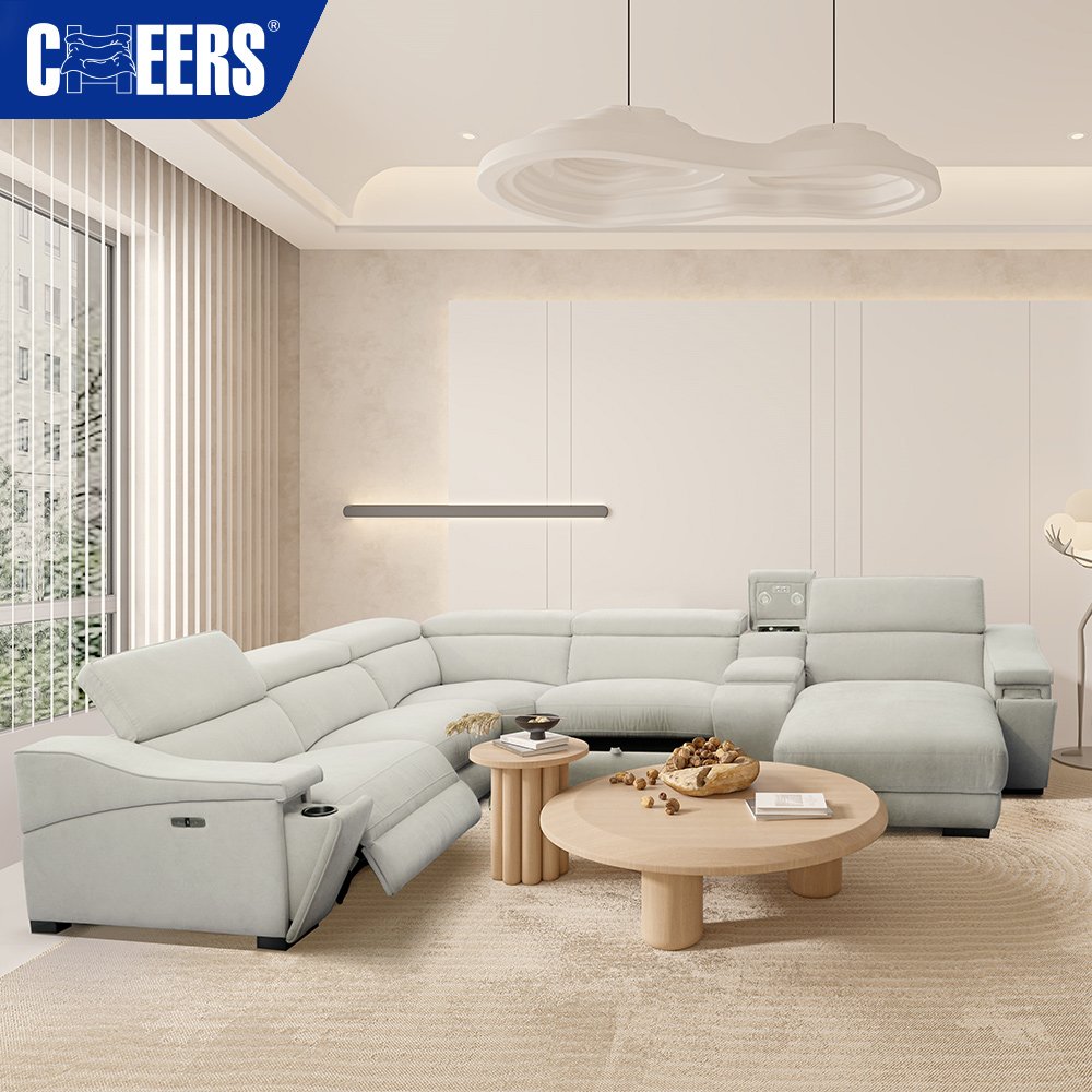 MANWAH CHEERS Nodic Fabric Living Room Sofa Power Reclining Sectional with Chaise and Console for Living Room
