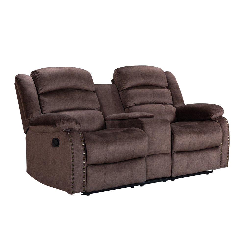 PU Fabric Brass Nail 6 Seathers Brown Modern Living Room American Style 5 Recliners Motion Sofa Set