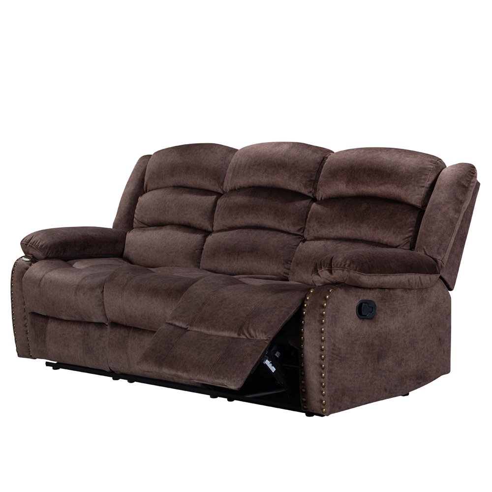 PU Fabric Brass Nail 6 Seathers Brown Modern Living Room American Style 5 Recliners Motion Sofa Set