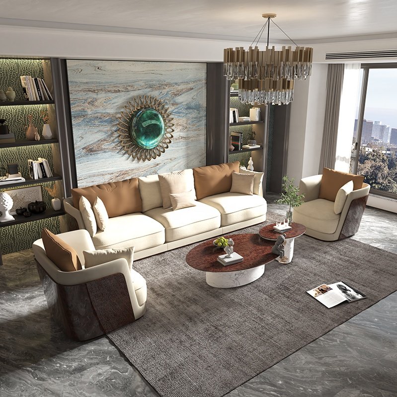 Handcrafted 3 Seater Villa Luxury Furniture Rectangular Nappa Genuine Leather Home Designer Sofa