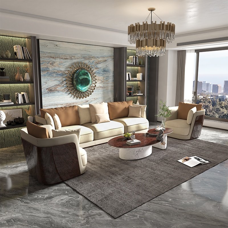 Handcrafted 3 Seater Villa Luxury Furniture Rectangular Nappa Genuine Leather Home Designer Sofa