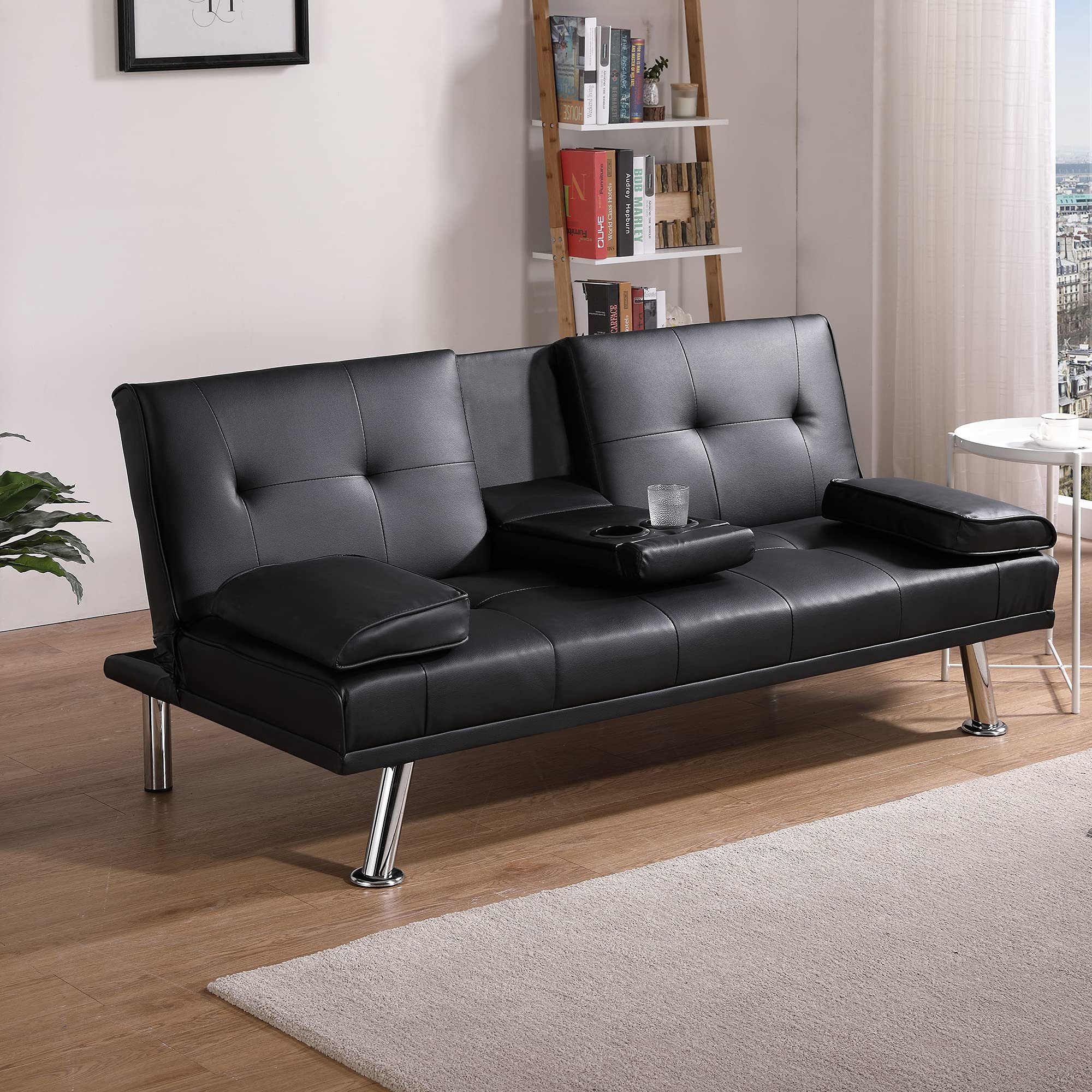 Leather Fabric Sofa Bed Black Convertible Upholstered Folding Sofa Futon Sofa Couch with 2 Cup Holders for Compact Living Space