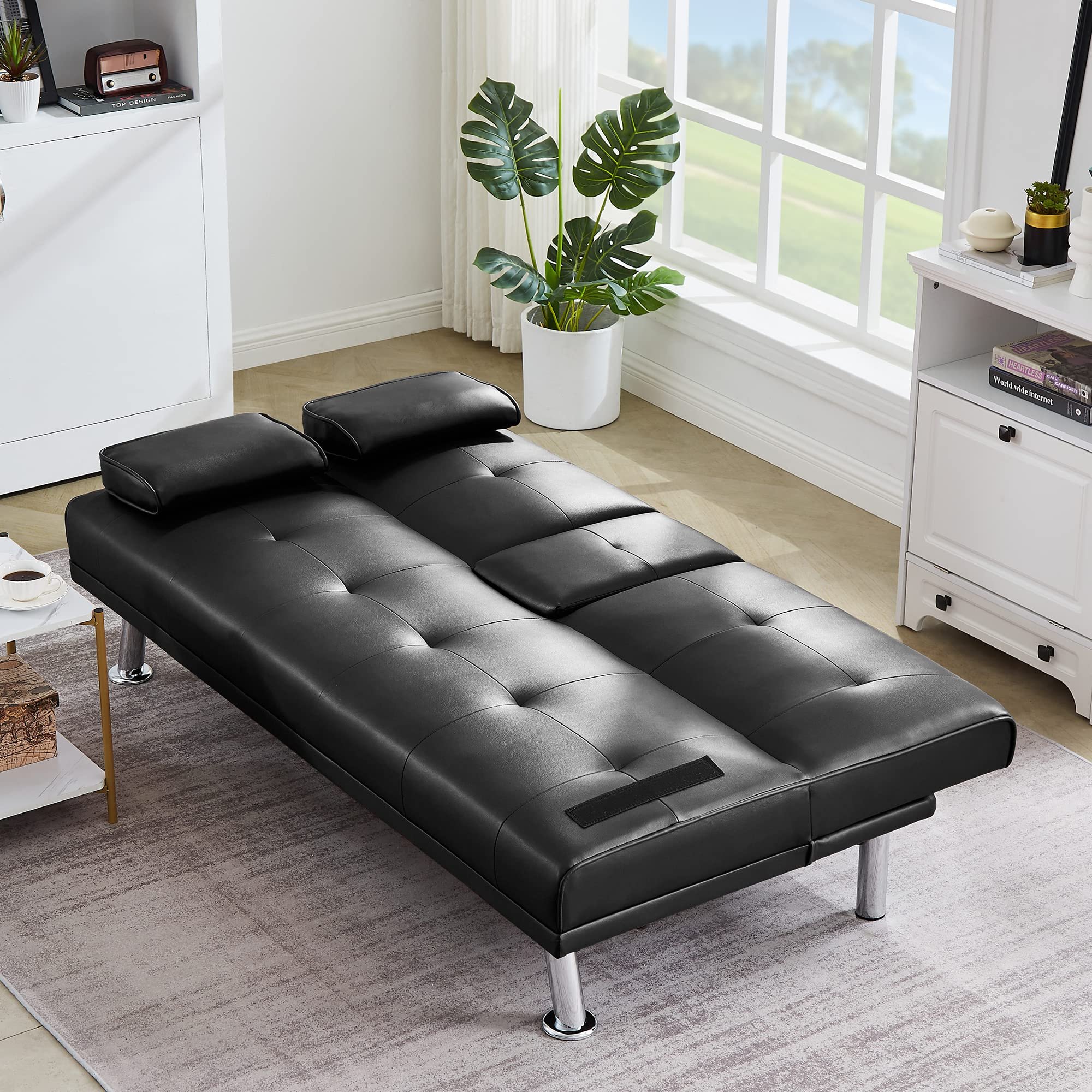 Leather Fabric Sofa Bed Black Convertible Upholstered Folding Sofa Futon Sofa Couch with 2 Cup Holders for Compact Living Space