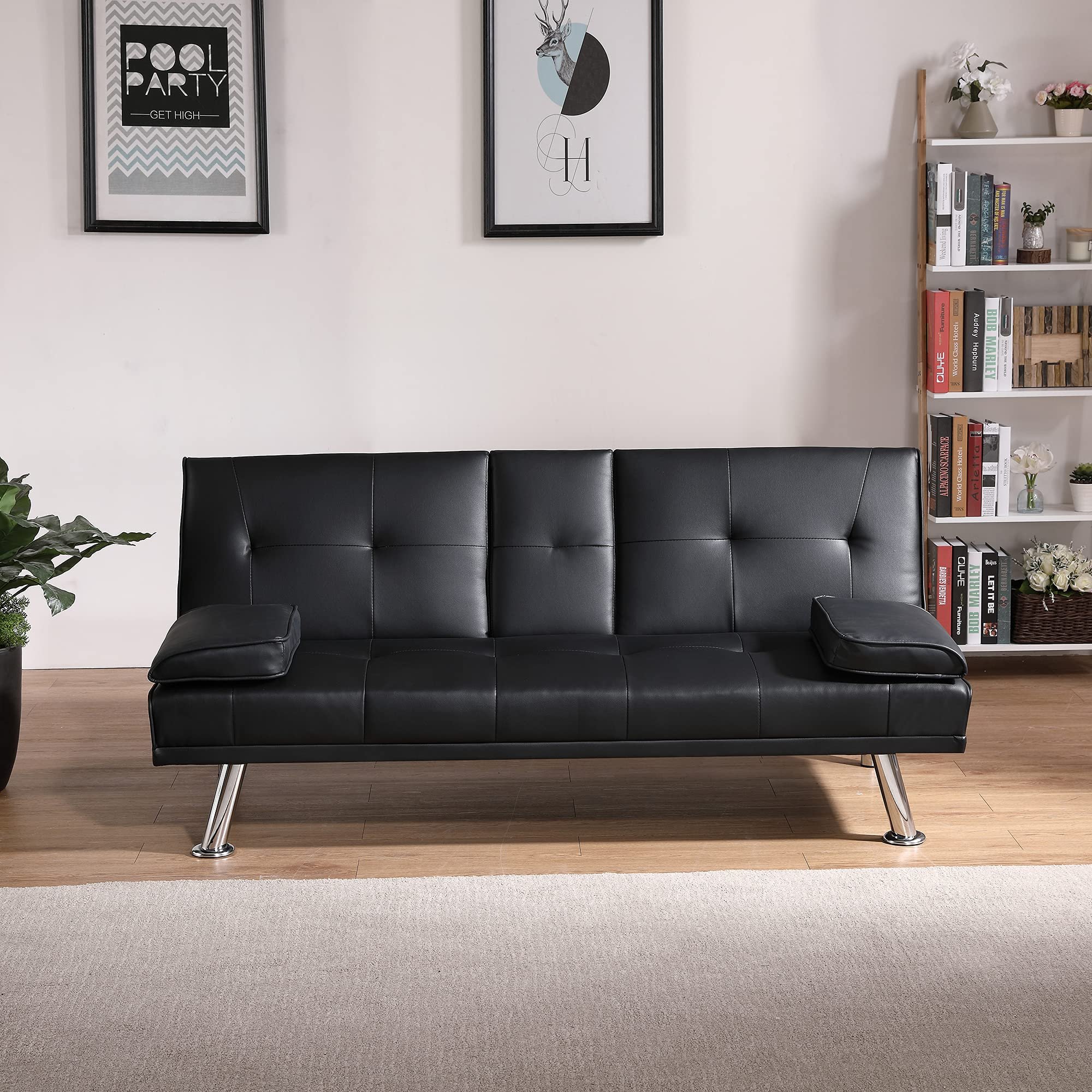 Leather Fabric Sofa Bed Black Convertible Upholstered Folding Sofa Futon Sofa Couch with 2 Cup Holders for Compact Living Space