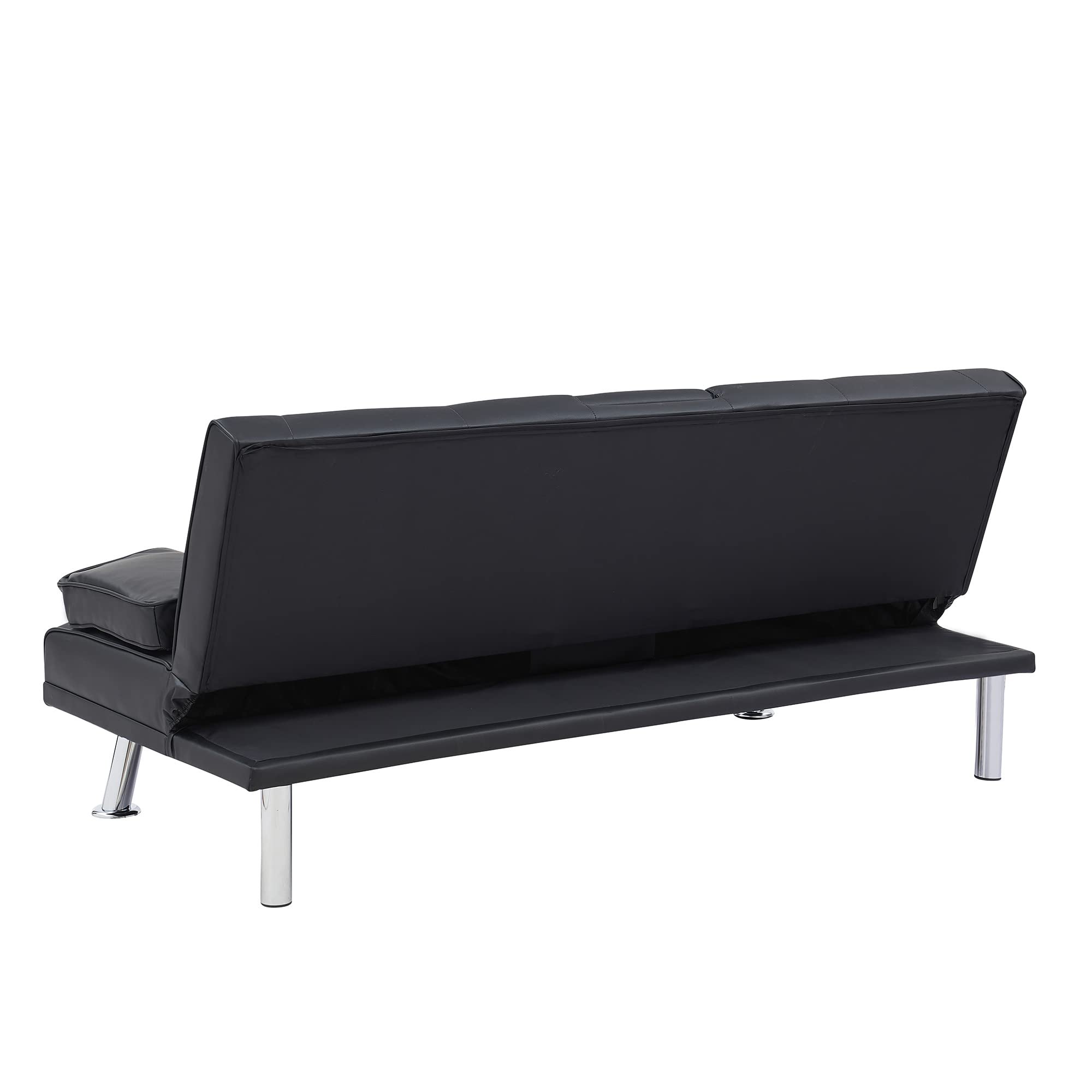 Leather Fabric Sofa Bed Black Convertible Upholstered Folding Sofa Futon Sofa Couch with 2 Cup Holders for Compact Living Space