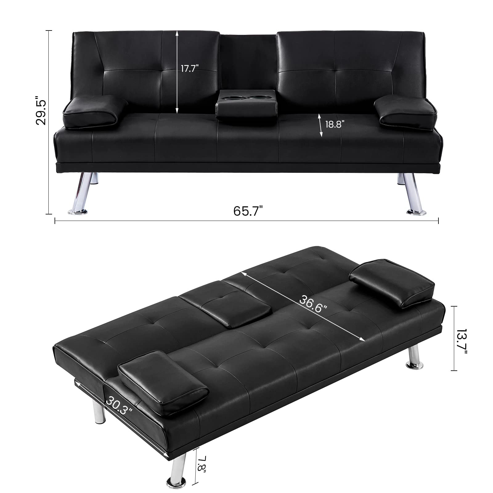 Leather Fabric Sofa Bed Black Convertible Upholstered Folding Sofa Futon Sofa Couch with 2 Cup Holders for Compact Living Space