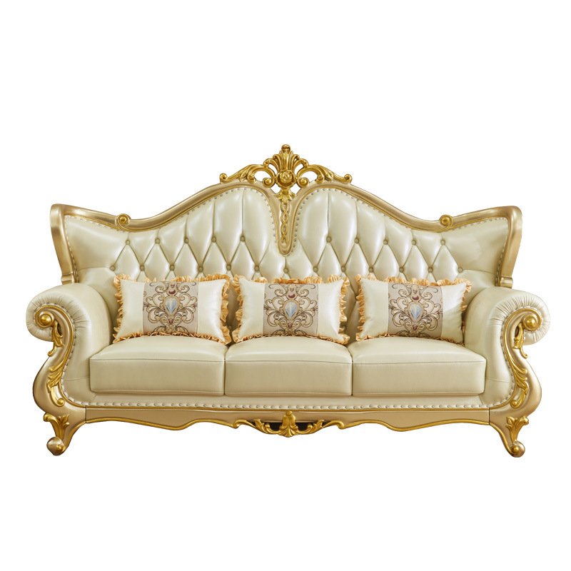 Royal European Leather Sofa 123 Combination Luxury Villa Living Room Champagne Gold Solid Wood Carved Sofa Set Couch For Home Ho