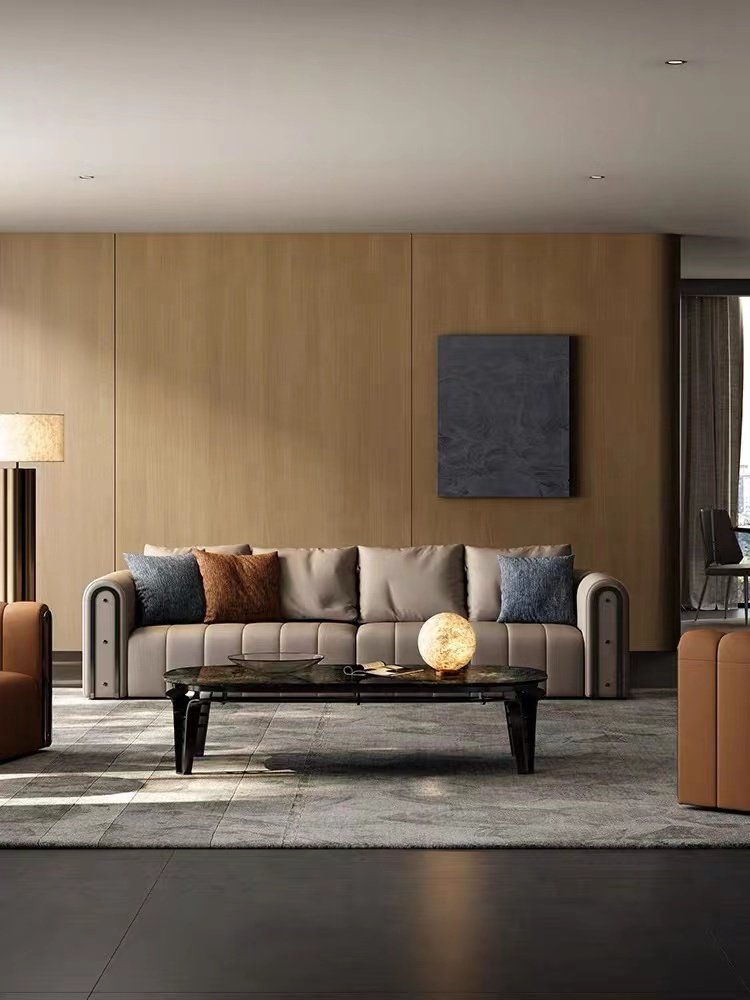 Modern light luxury leather sofa living room combination high-end high-end three seat lounge sofa