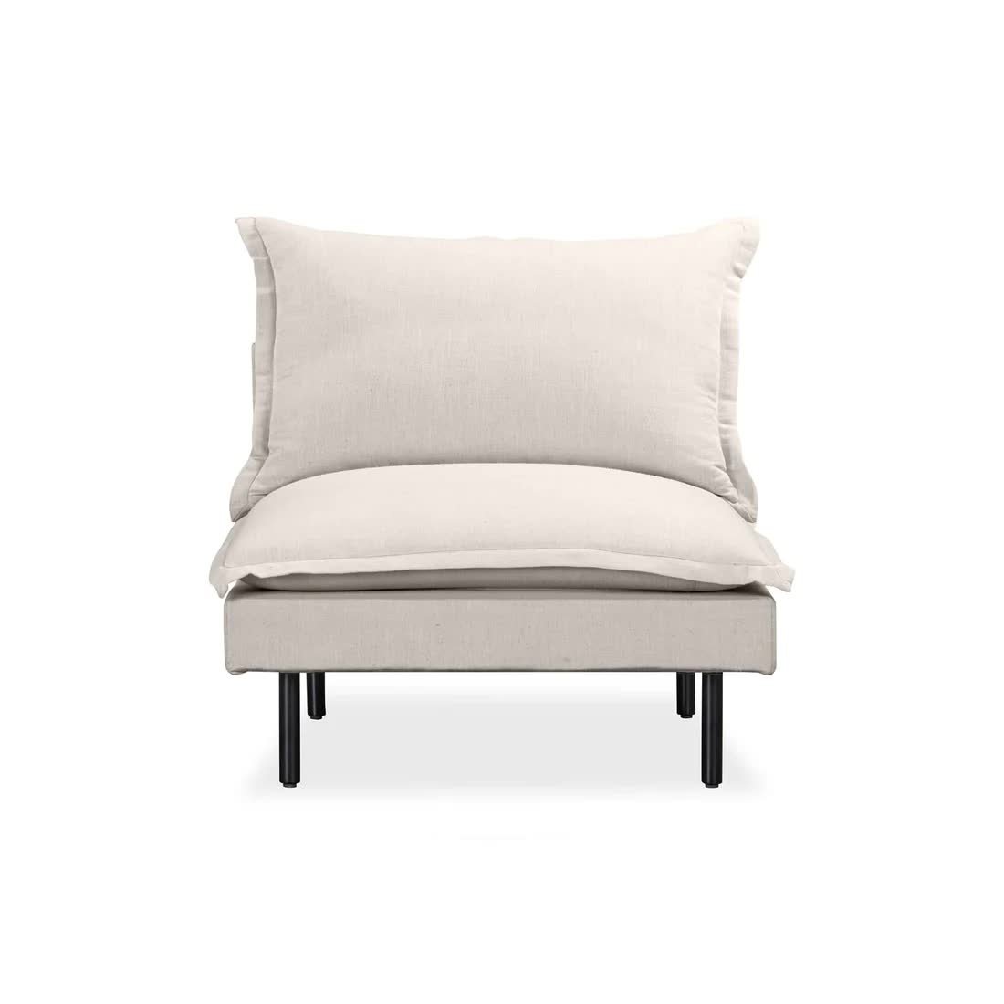 1 seater sofa made of solid teak wood frame with seat and backrest wrapped in upholstery and iron legs for indoor use