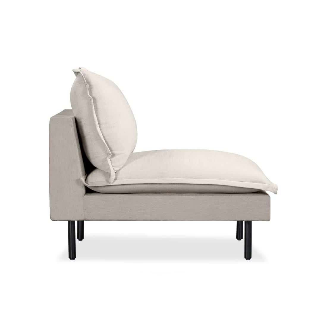 1 seater sofa made of solid teak wood frame with seat and backrest wrapped in upholstery and iron legs for indoor use