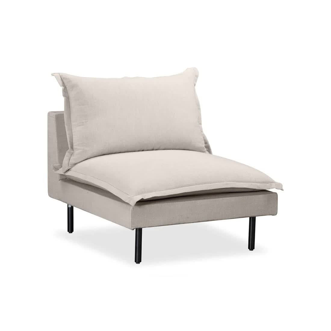 1 seater sofa made of solid teak wood frame with seat and backrest wrapped in upholstery and iron legs for indoor use