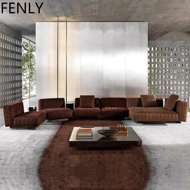 Italian-Style Brown Leather Luxury Modular Sofa Set Wooden Frame with Metal Legs for Hotel Villa Living Room & Gym