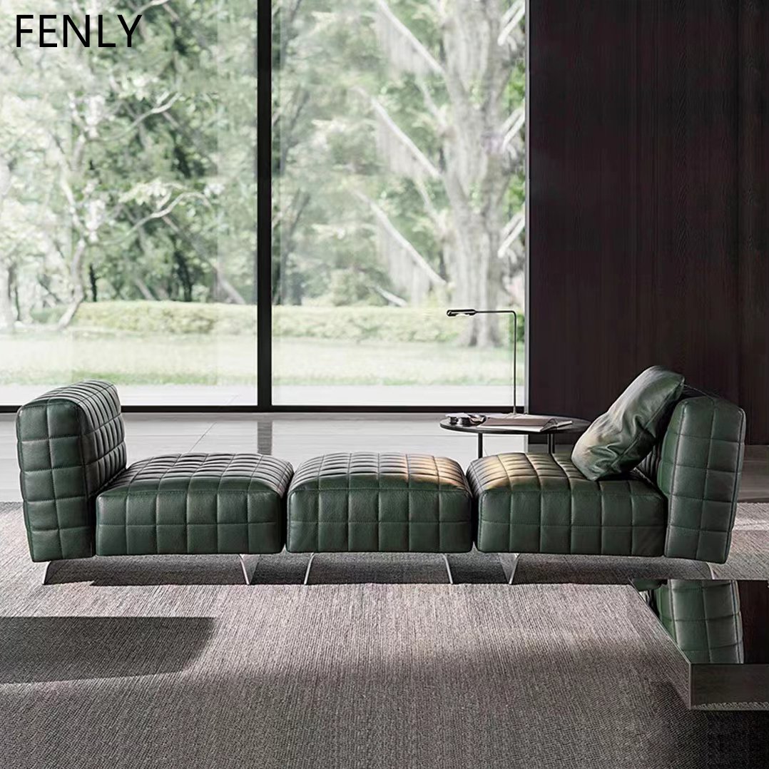 Italian-Style Brown Leather Luxury Modular Sofa Set Wooden Frame with Metal Legs for Hotel Villa Living Room & Gym