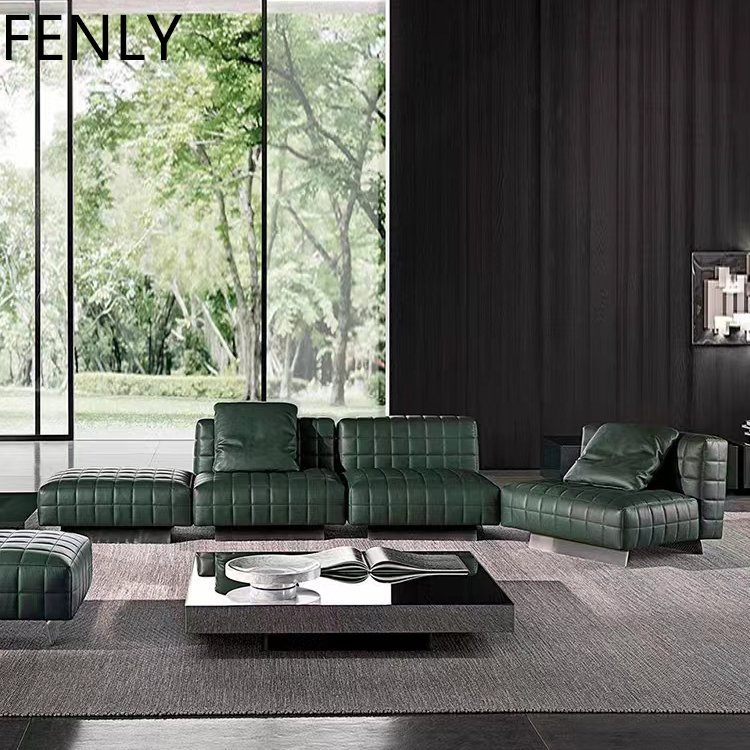 Italian-Style Brown Leather Luxury Modular Sofa Set Wooden Frame with Metal Legs for Hotel Villa Living Room & Gym