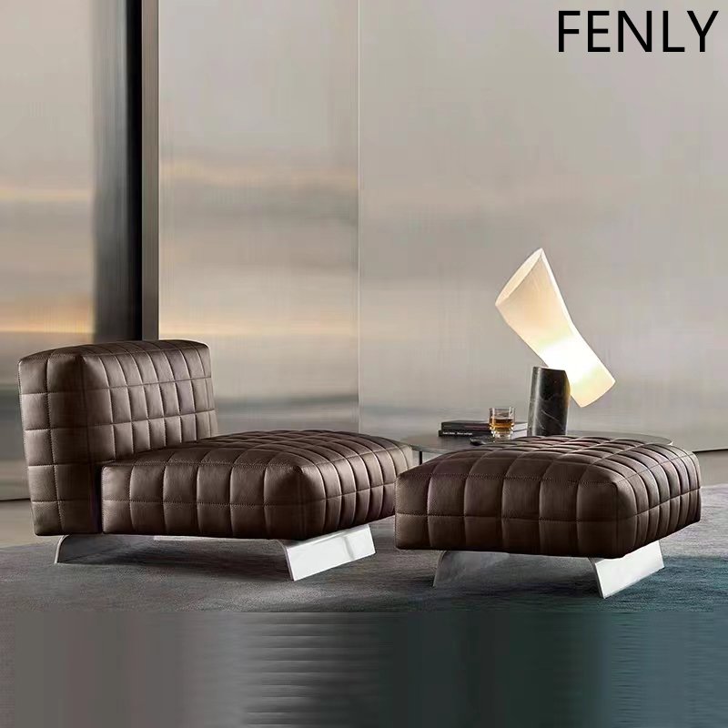 Italian-Style Brown Leather Luxury Modular Sofa Set Wooden Frame with Metal Legs for Hotel Villa Living Room & Gym