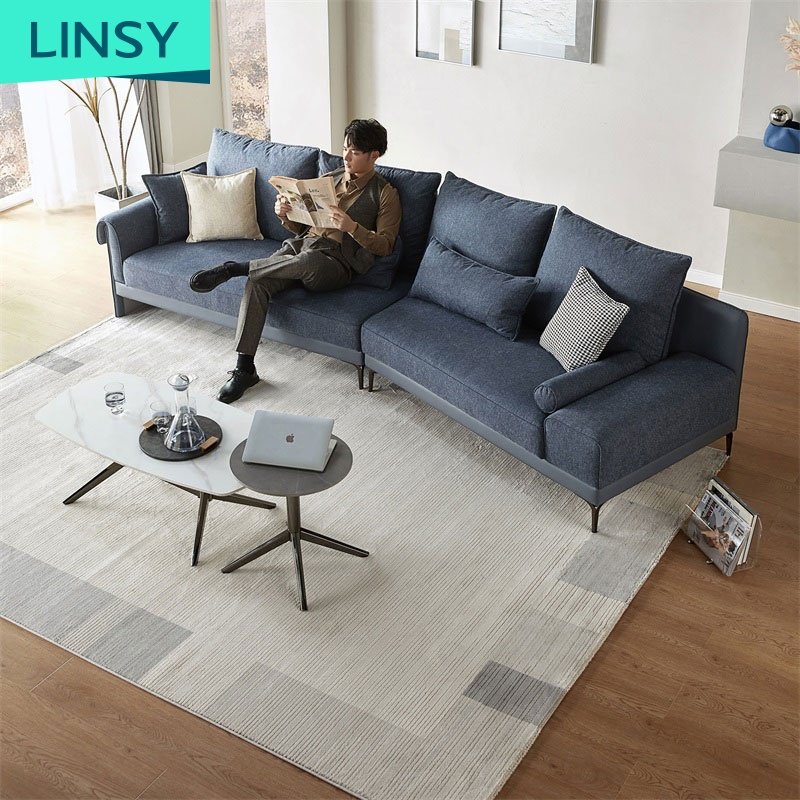 Linsy Hot Selling Luxurious Iron Legs Beautiful Modern Office Bule Fabric Sofas Furniture Set Living Room Sofa S131