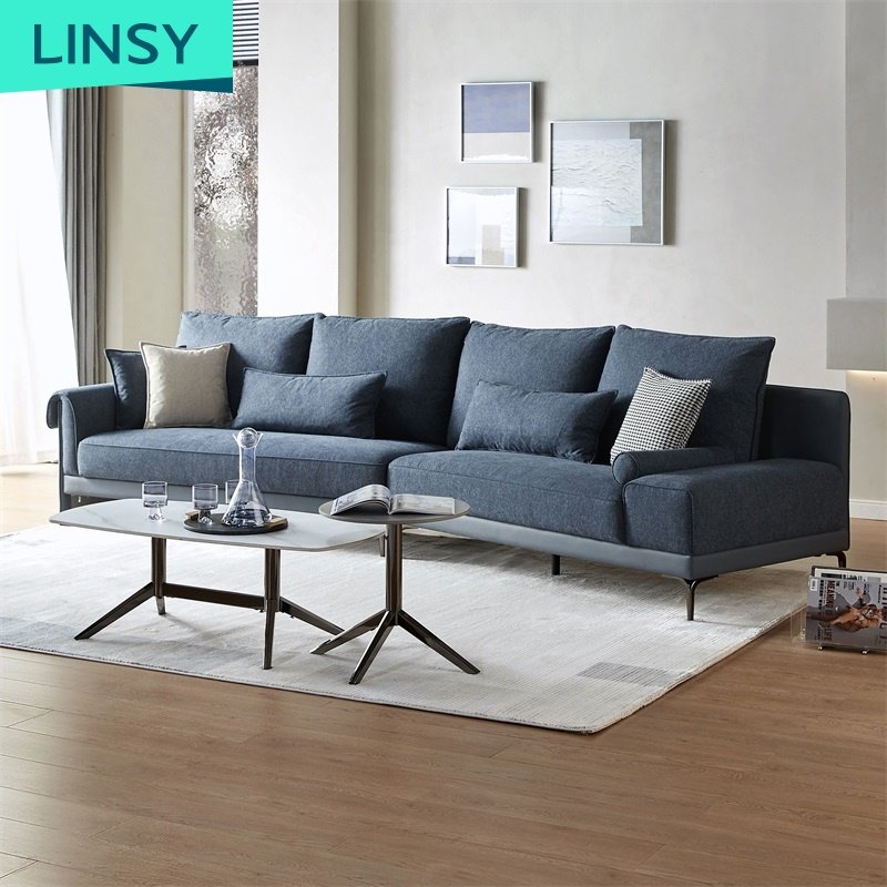 Linsy Hot Selling Luxurious Iron Legs Beautiful Modern Office Bule Fabric Sofas Furniture Set Living Room Sofa S131