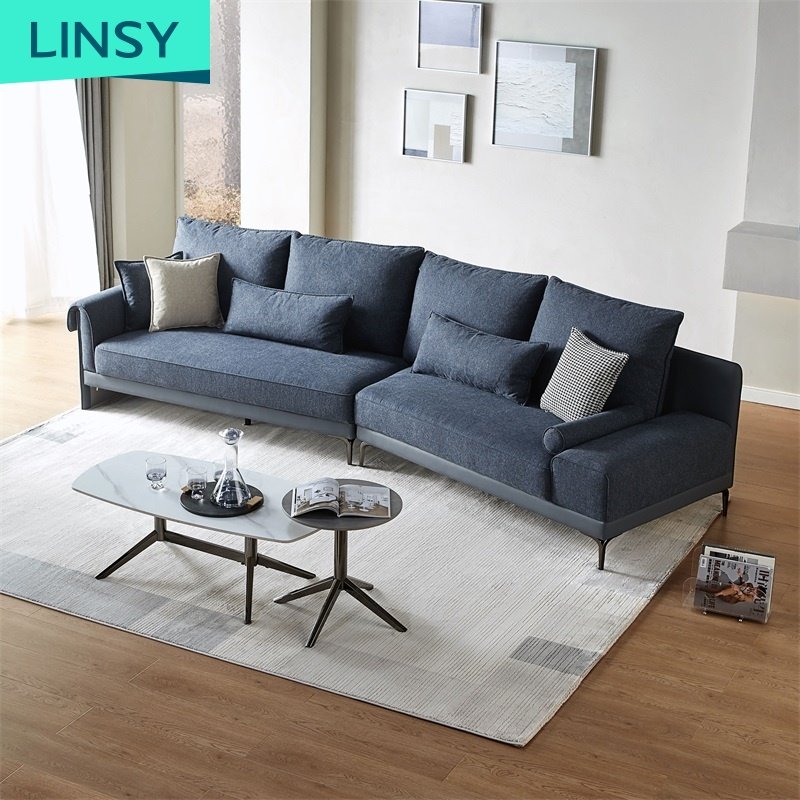 Linsy Hot Selling Luxurious Iron Legs Beautiful Modern Office Bule Fabric Sofas Furniture Set Living Room Sofa S131