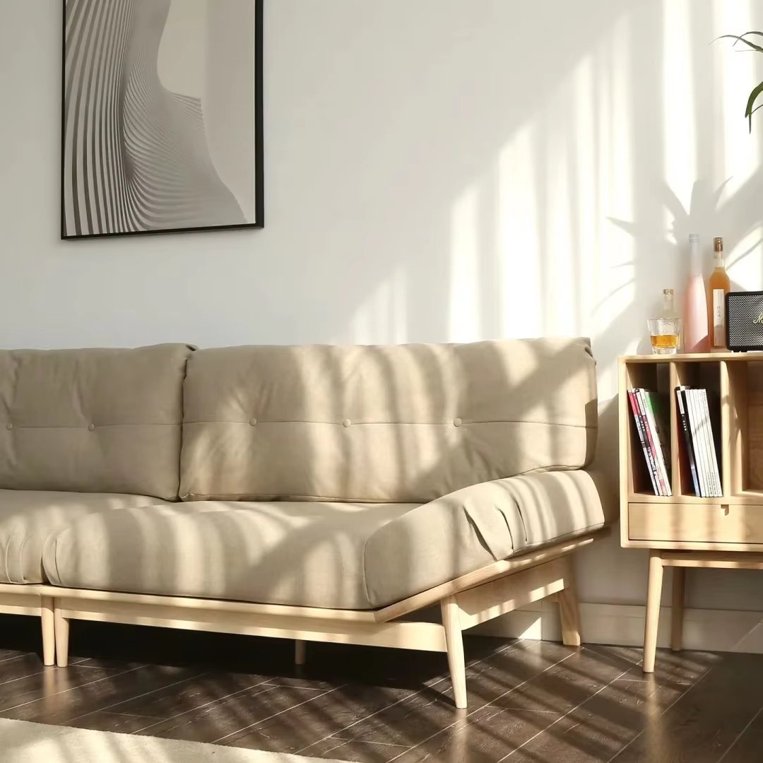 Log wind solid wood cloud sofa Japanese small apartment living room elephant ear fabric sofa beancurd block ash wood