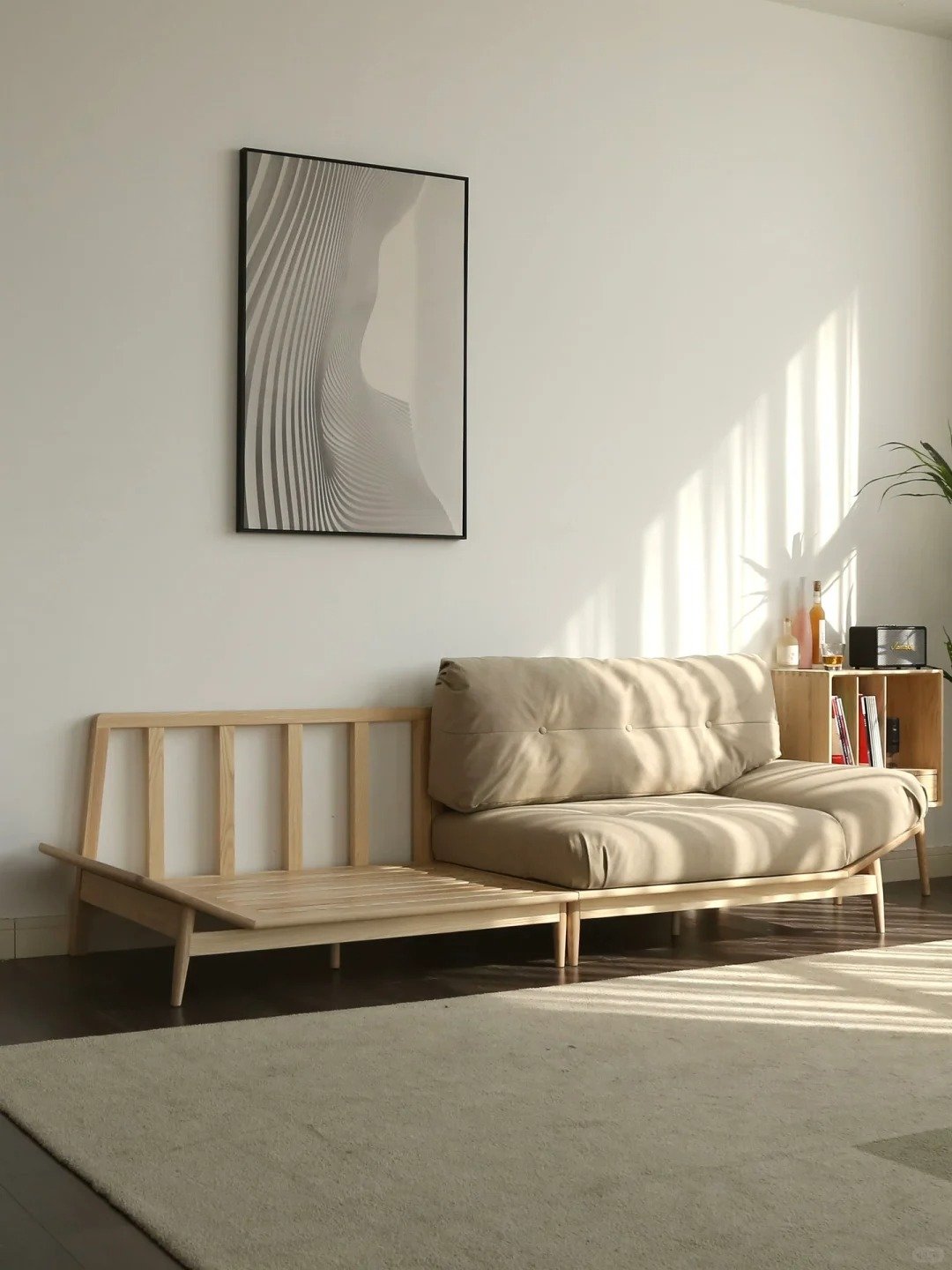 Log wind solid wood cloud sofa Japanese small apartment living room elephant ear fabric sofa beancurd block ash wood