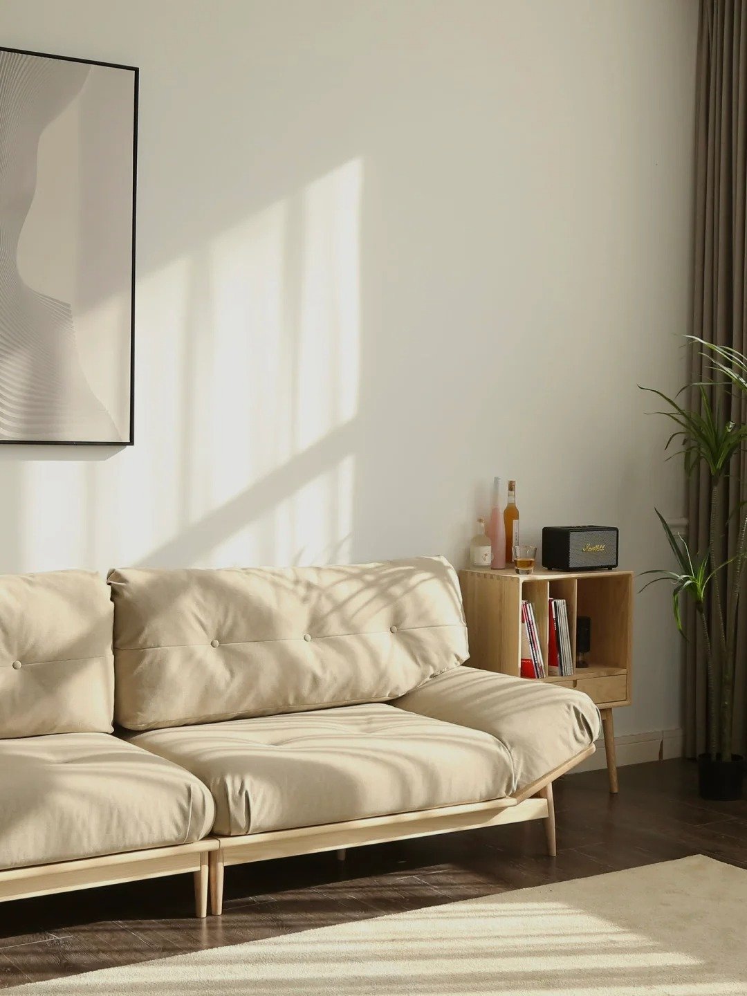 Log wind solid wood cloud sofa Japanese small apartment living room elephant ear fabric sofa beancurd block ash wood