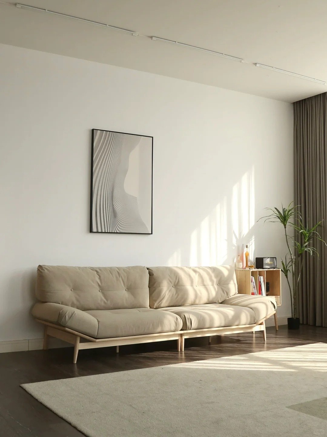 Log wind solid wood cloud sofa Japanese small apartment living room elephant ear fabric sofa beancurd block ash wood