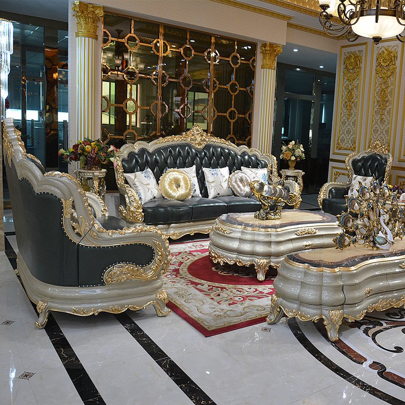 Golden Modern Antique European Royal Style Living Room Sofa Sets Champagne Luxury Wooden Sofa Set Furniture Sectional Sofa 888