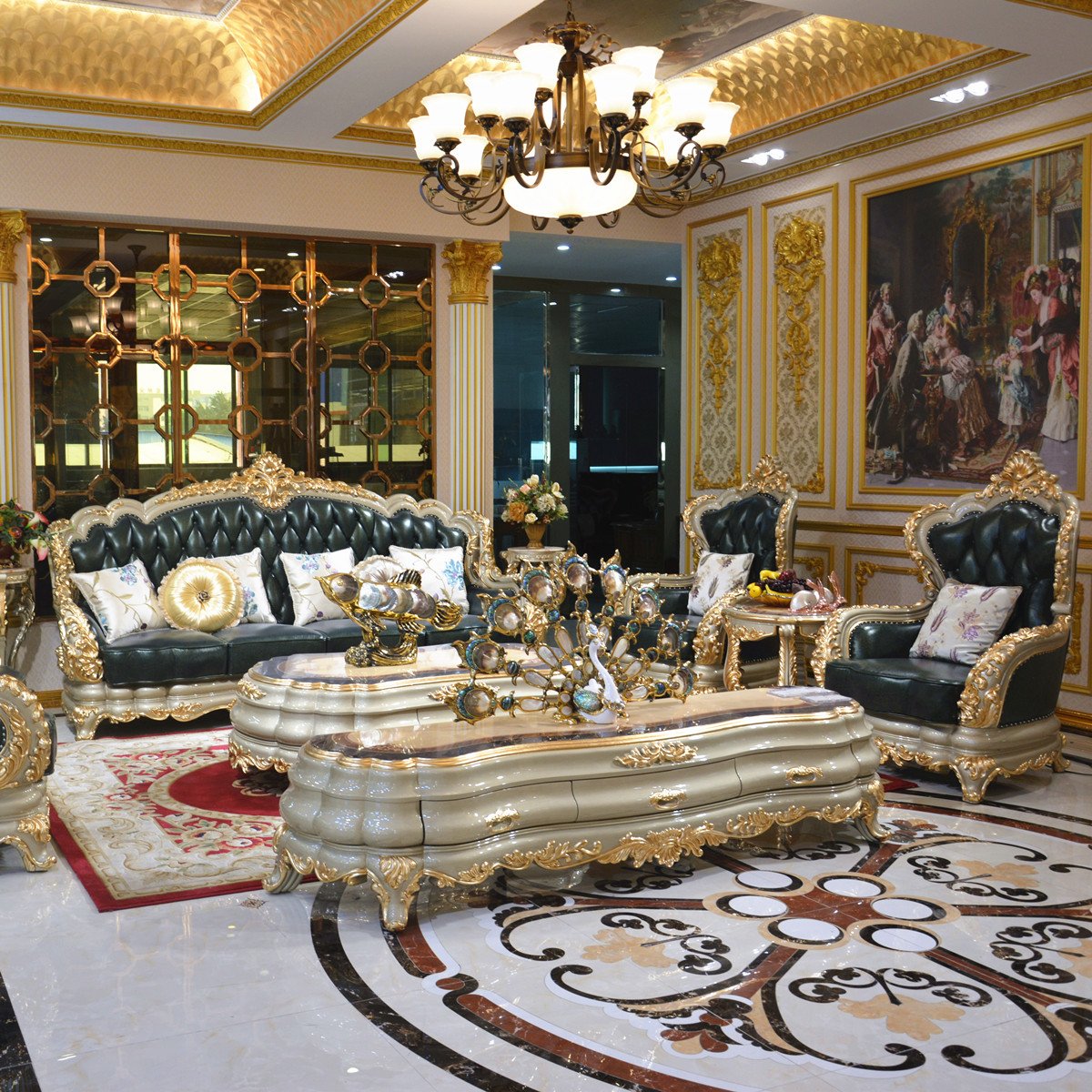 Golden Modern Antique European Royal Style Living Room Sofa Sets Champagne Luxury Wooden Sofa Set Furniture Sectional Sofa 888