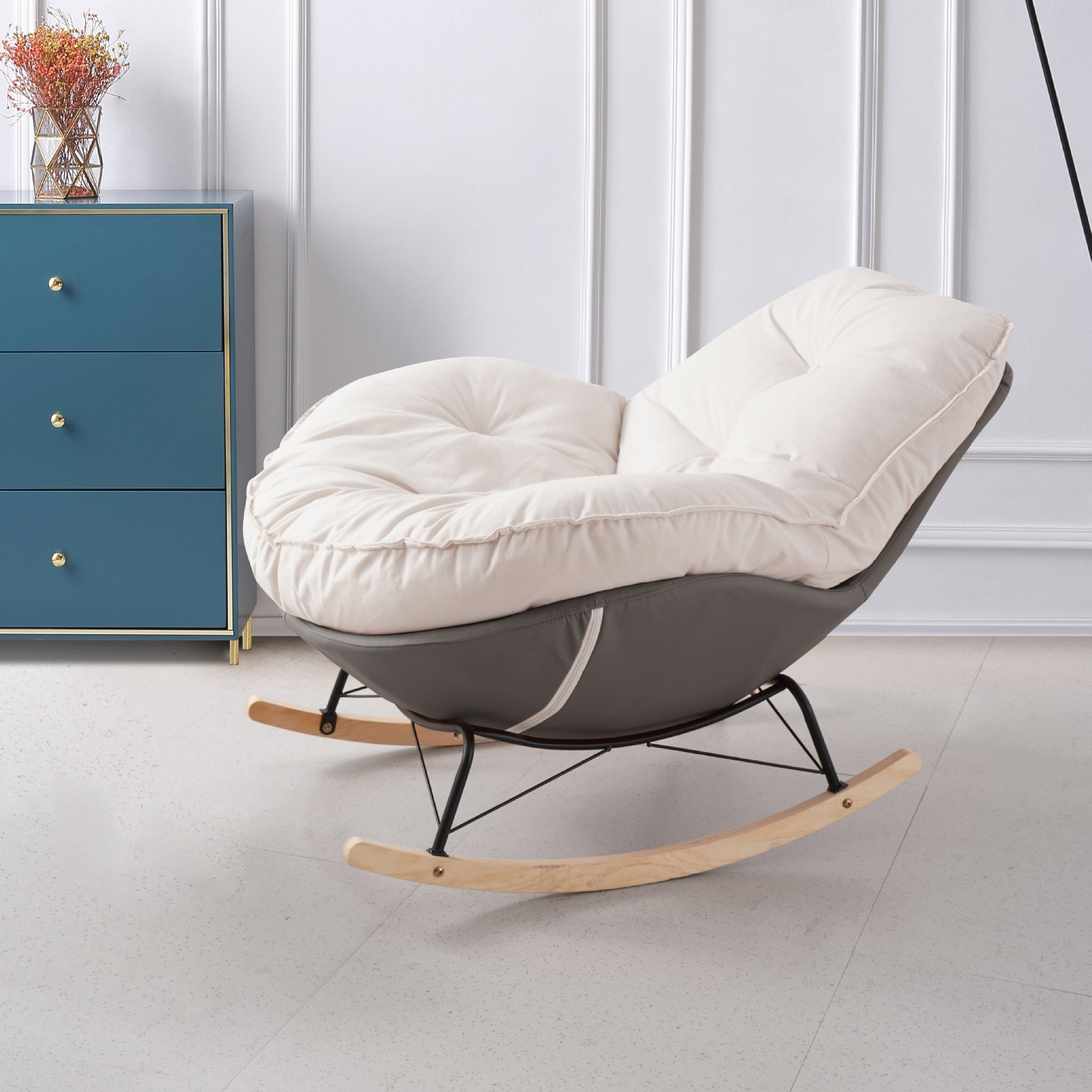 Modern Wooden Rocking Chair Bedroom Hotel School Hospital Apartment Gym Laundry Villa Workshop Dining Outdoor Bar Use Fabric