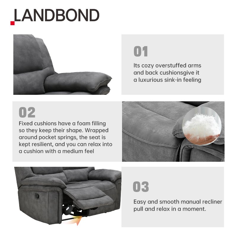 LANDBOND Modern Reclining Sofa Comfortable Fabric Manual Recliner Sofa Set Living Room Furniture Couch Sets for hotel and villa