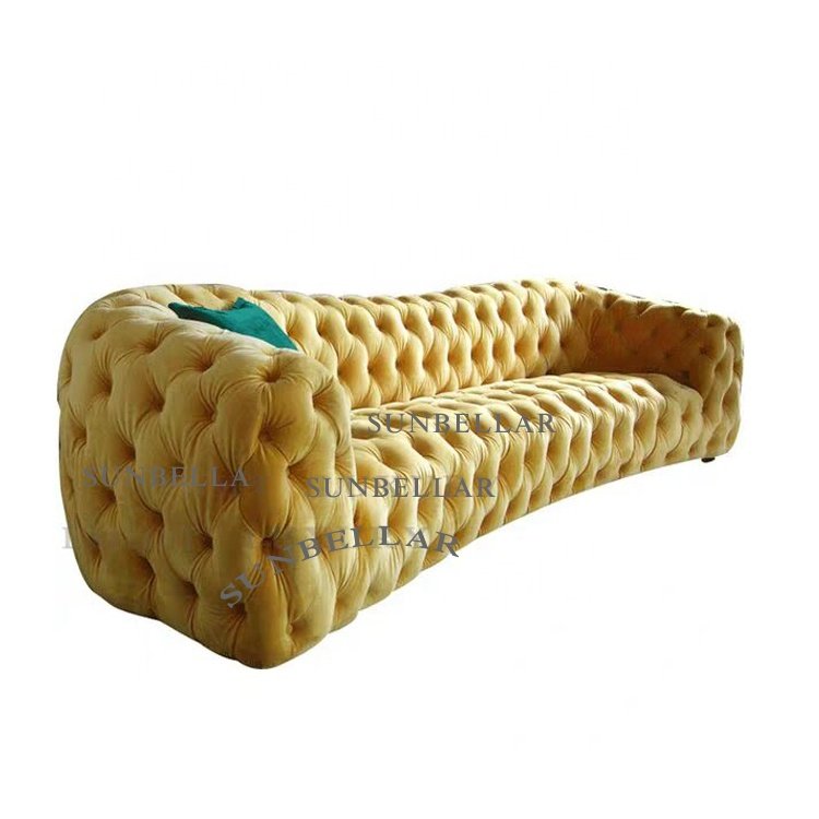 hotel furniture lobby sofa yellow velvet chesterfield curved luxury exclusive sofa yellow modern design living room sofa