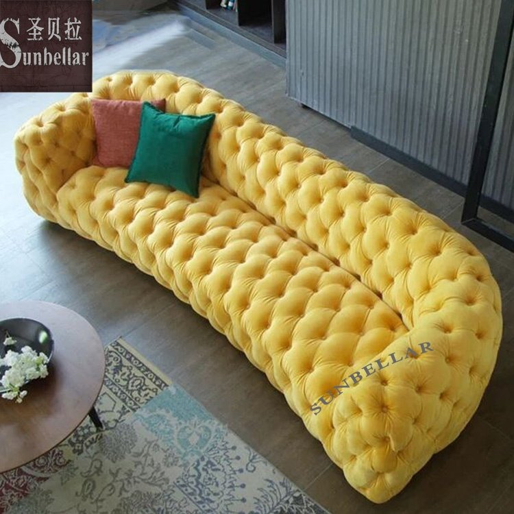 hotel furniture lobby sofa yellow velvet chesterfield curved luxury exclusive sofa yellow modern design living room sofa