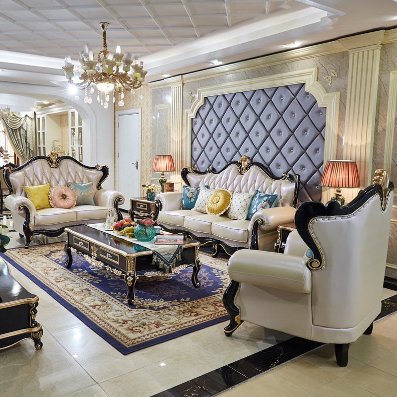 2023 New Design Luxury Antique Sofa Couch European Style Classic Genuine Leather Sofa Sets Living Room Furniture