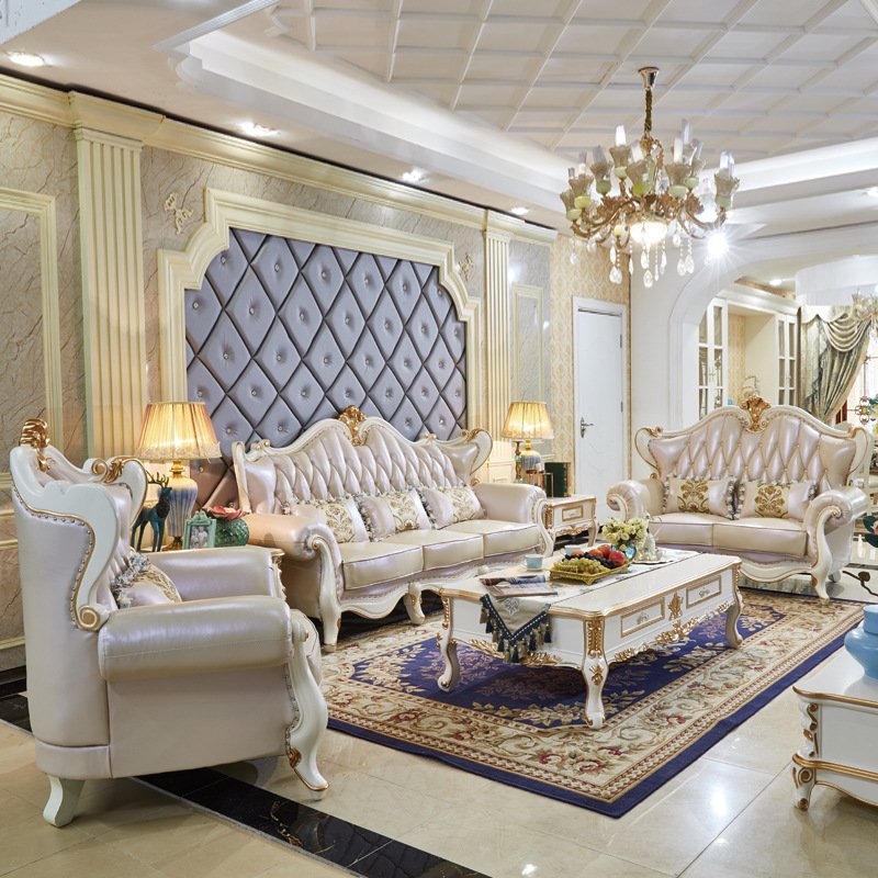 2023 New Design Luxury Antique Sofa Couch European Style Classic Genuine Leather Sofa Sets Living Room Furniture