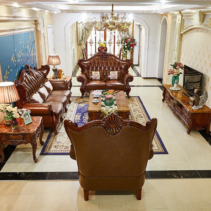2023 New Design Luxury Antique Sofa Couch European Style Classic Genuine Leather Sofa Sets Living Room Furniture