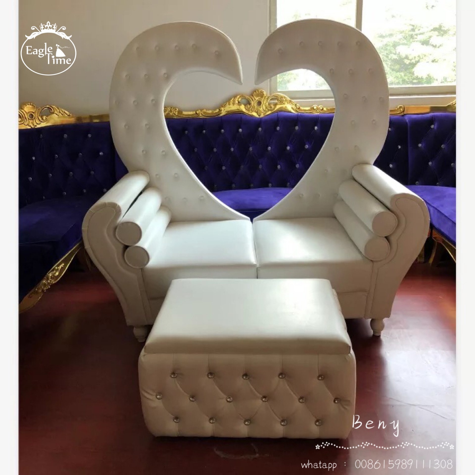 Royal luxury heart design bride and groom double heart shaped high back throne sofa chair