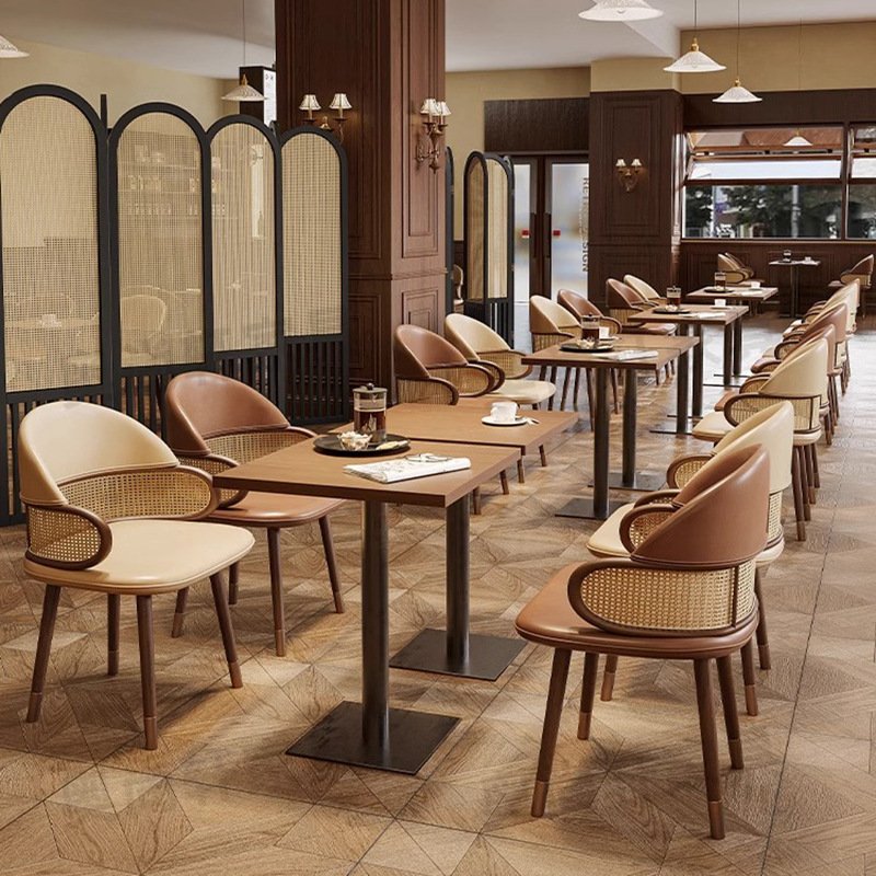 Solid wood booth dining room table chair Chinese retro rattan hot pot restaurant Japanese tea house curved sofa