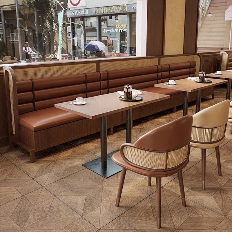 Solid wood booth dining room table chair Chinese retro rattan hot pot restaurant Japanese tea house curved sofa