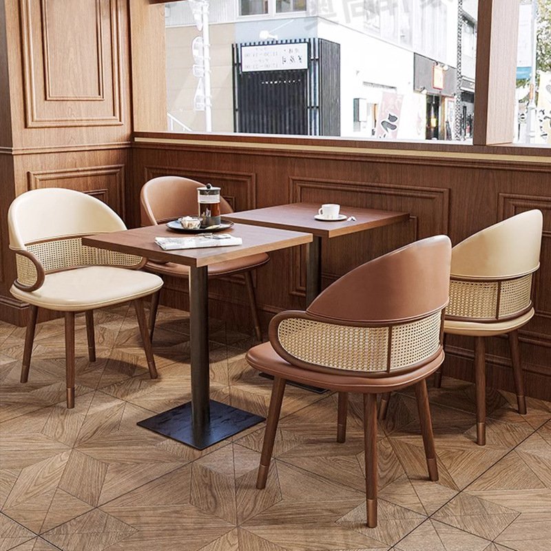 Solid wood booth dining room table chair Chinese retro rattan hot pot restaurant Japanese tea house curved sofa