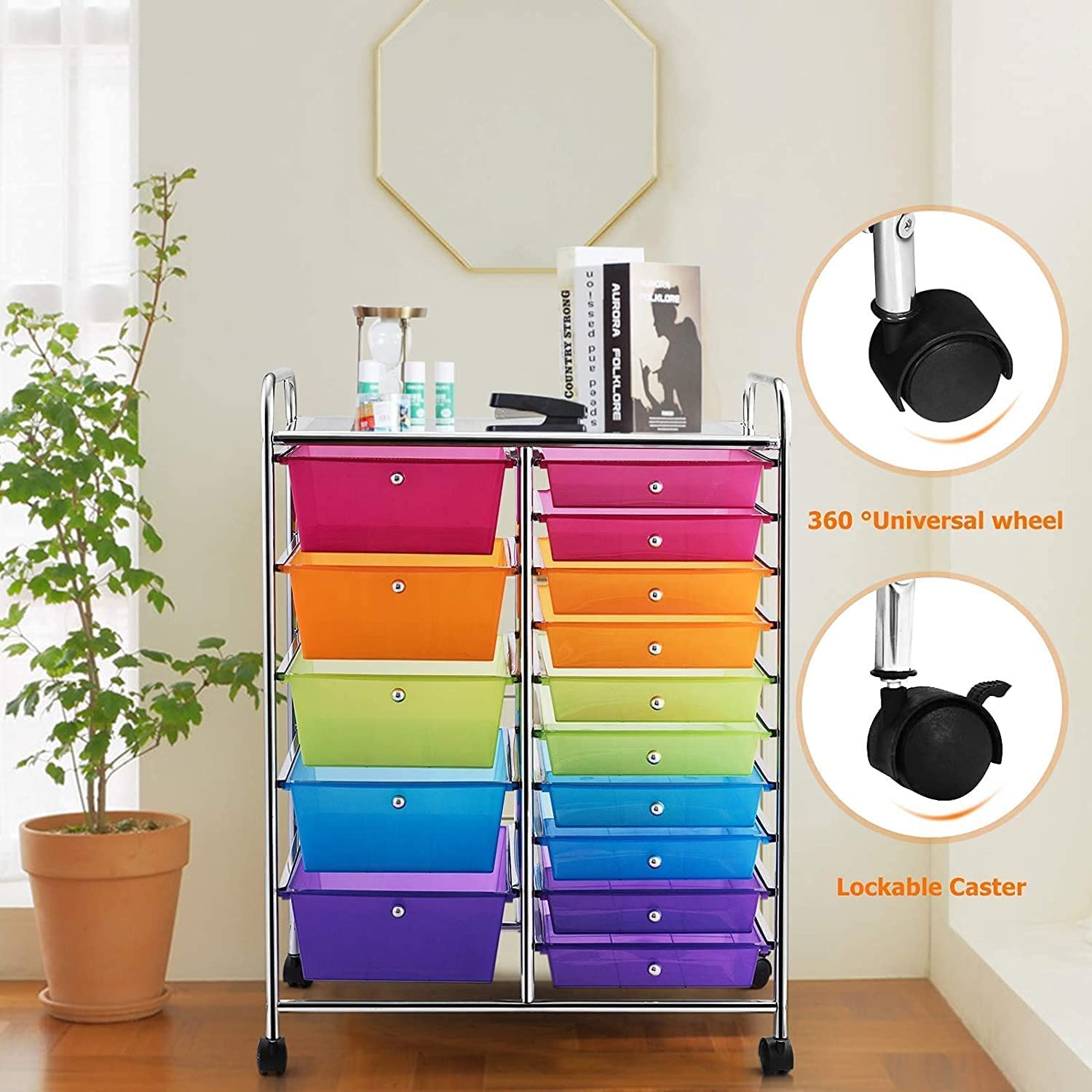 ChamXue15-Drawer Stainless Steel Chrome Rolling Storage Cart Office Furniture Plastic Color Paper Boxes for Tool Organization