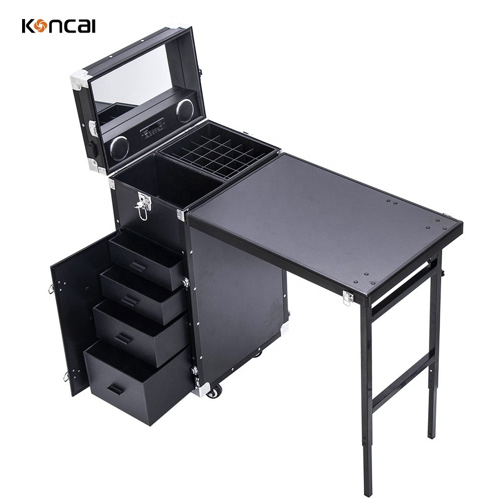 KONCAI Rolling Manicure Table Nail Desk Workstation with 4 Drawers Mirror Speaker Makeup Salon Travel Cosmetic Trolley nail art storage